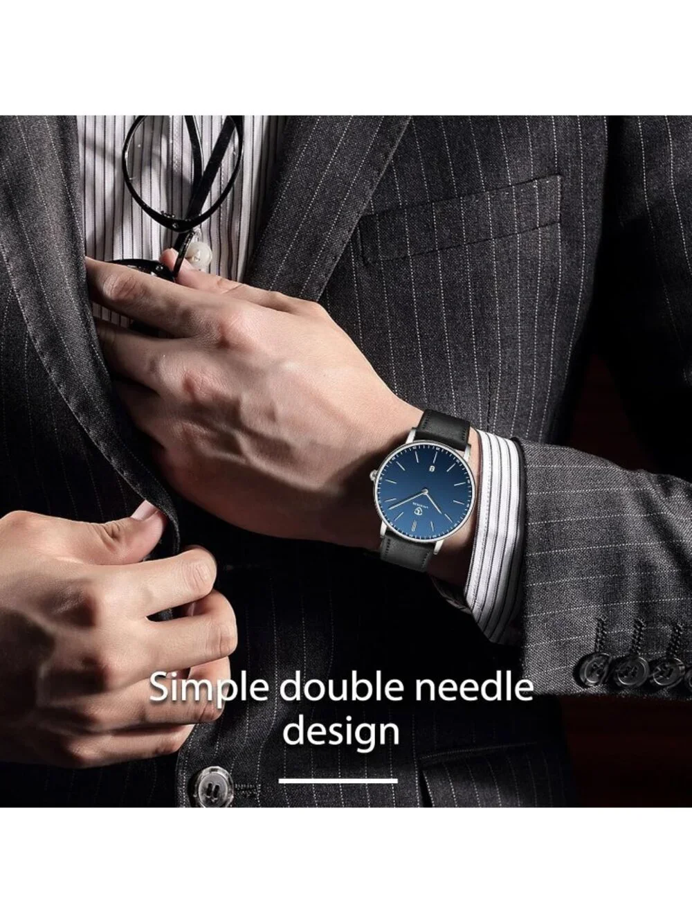 Men's Blue Dial Black Leather Strap Analog Minimalist Fashion Simple Wrist Watch